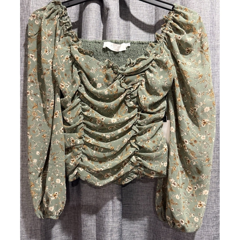 ASTR Women's Small Sage/Floral Crop Lined Ruffle Long Sleeve Ruching Smocked NWT